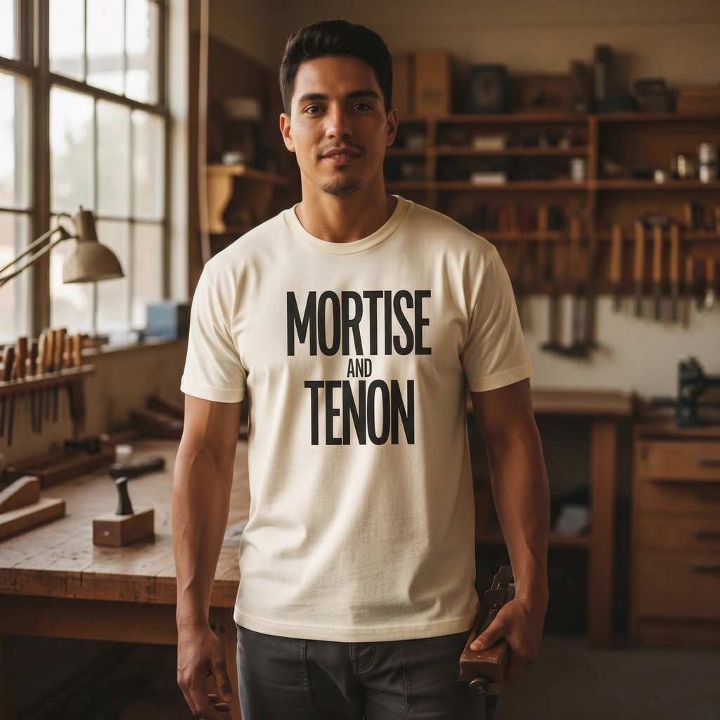 Man wearing a 'Mortise and Tenon' t-shirt in a workshop setting