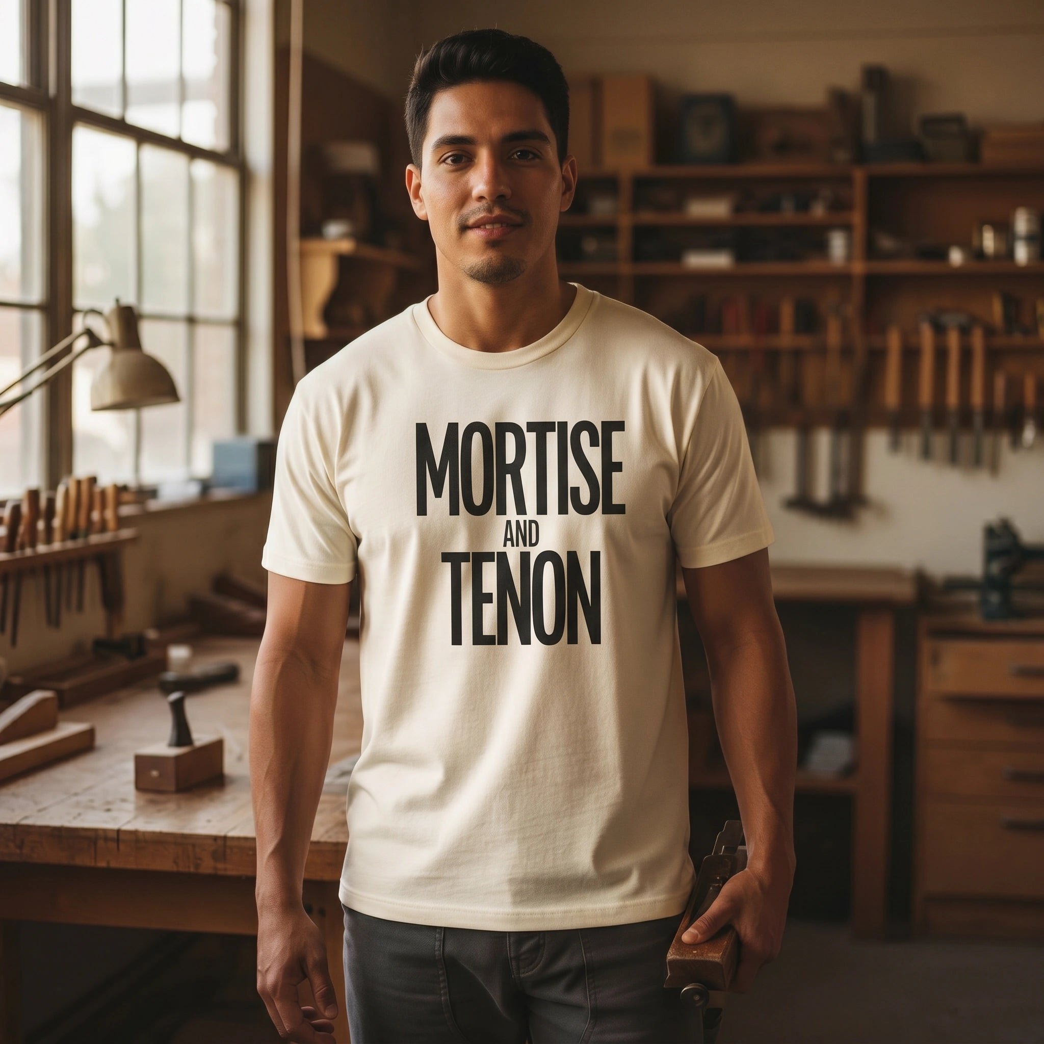 Man wearing a 'Mortise and Tenon' t-shirt in a workshop setting