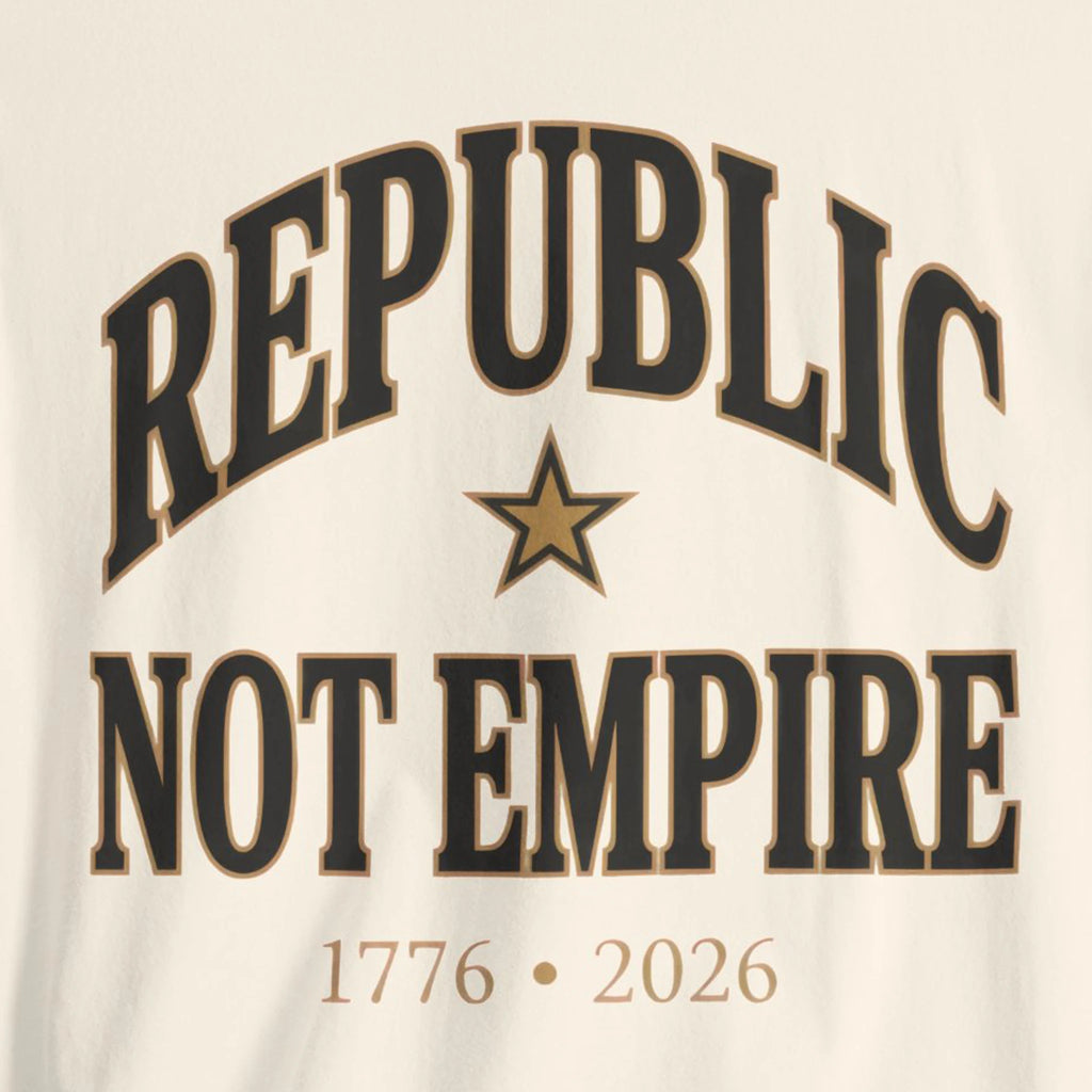 Republic Not Empire shirt on Natural Bella Canvas 3001 — patriotic graphic tee