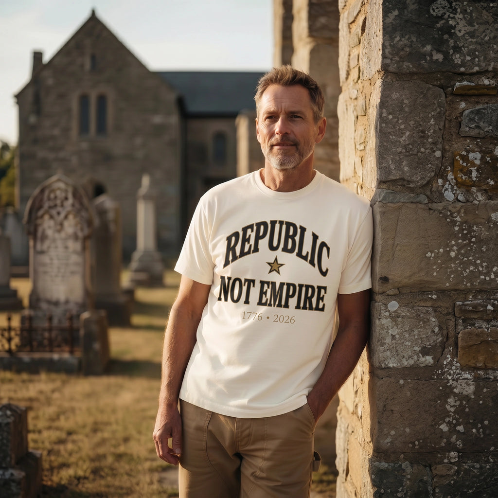 Republic Not Empire shirt on natural Bella Canvas 3001 — patriotic graphic tee
