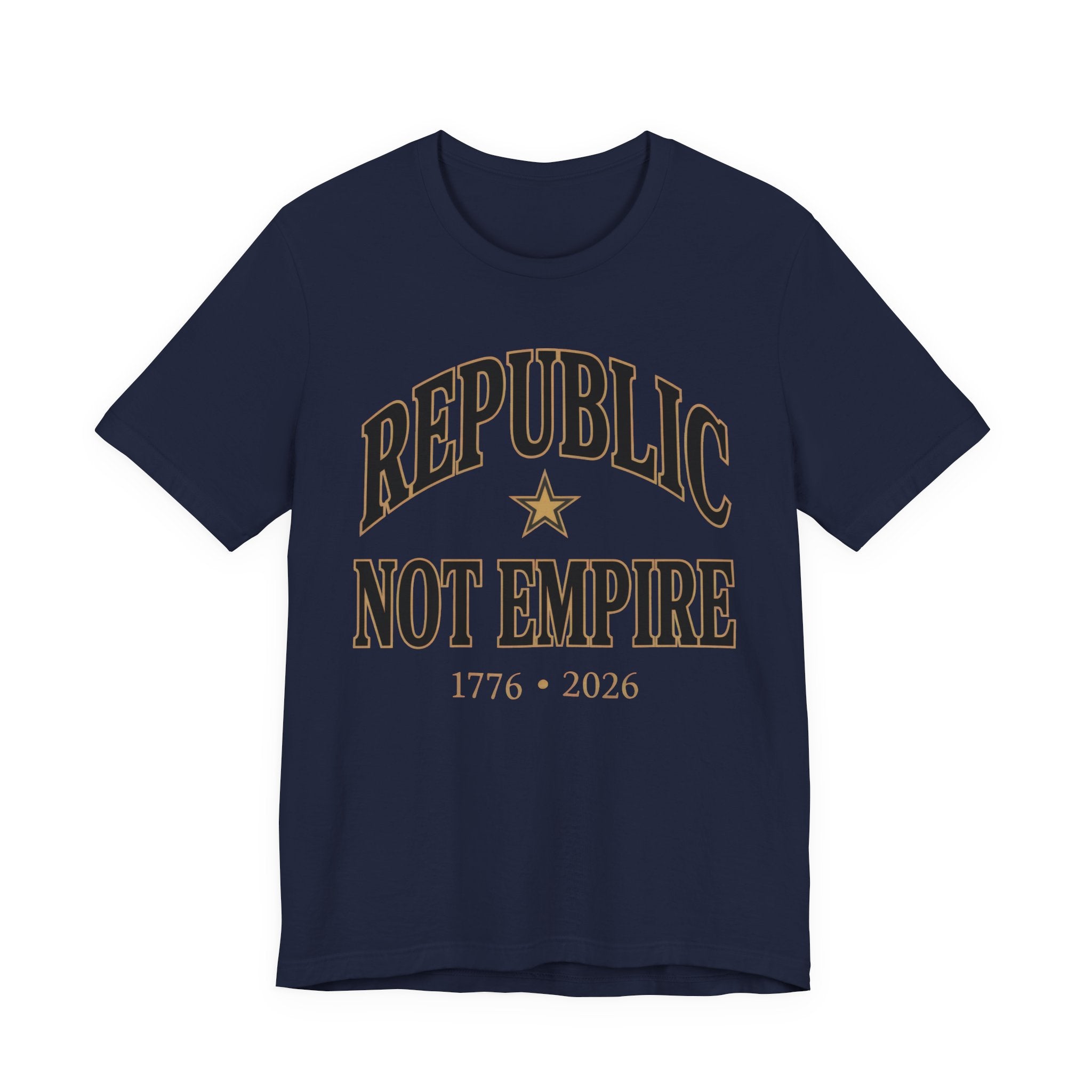 Republic Not Empire shirt on navy Bella Canvas 3001 — patriotic graphic tee